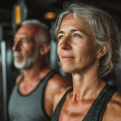 Група літніх людей виконує вправи з гантелями